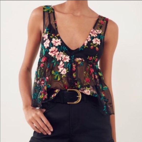 Ecote Tops - Ecote Veita Boho Embroidered Floral Mesh Top S